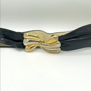 Vintage Black Leather Belt with Gold and Silver Scallop Buckle - Size S